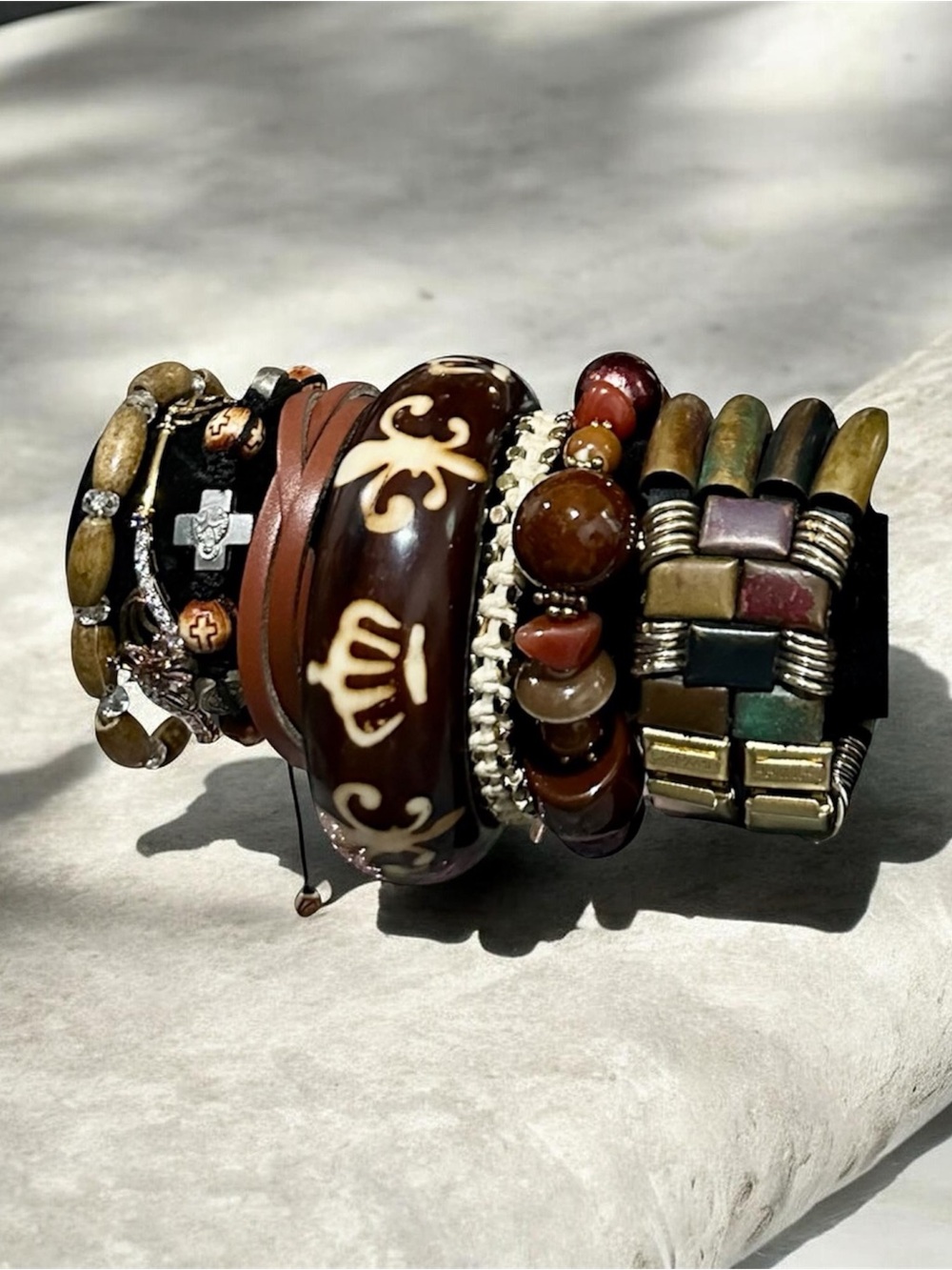 Custom Bohemian Earthy Stacked Bracelet Set - Wood Leather Cross Resin